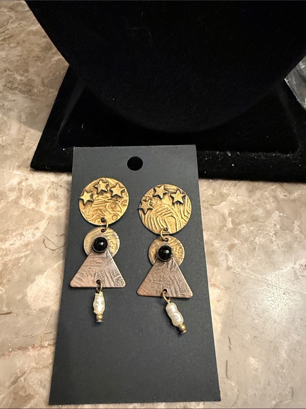 Artisan created  gold tone star and moon dangle pierced earrings, genuine stones